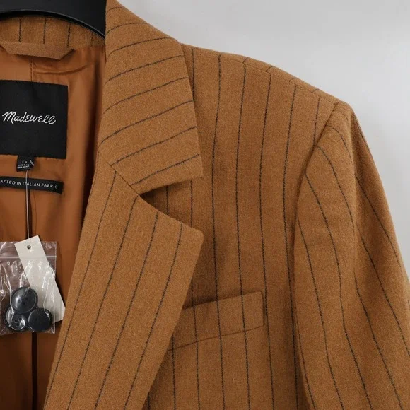 NWT Madewell Blazer Women's 12 Stripe Oversized Brown Pinstripe Notch Lapel wool - Picture 2 of 14